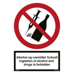 Skilt Alkohol og rusmidler forbudt - Ingestion of alcohol and drugs is forbidden 400632 - Sikkerhedsgiganten