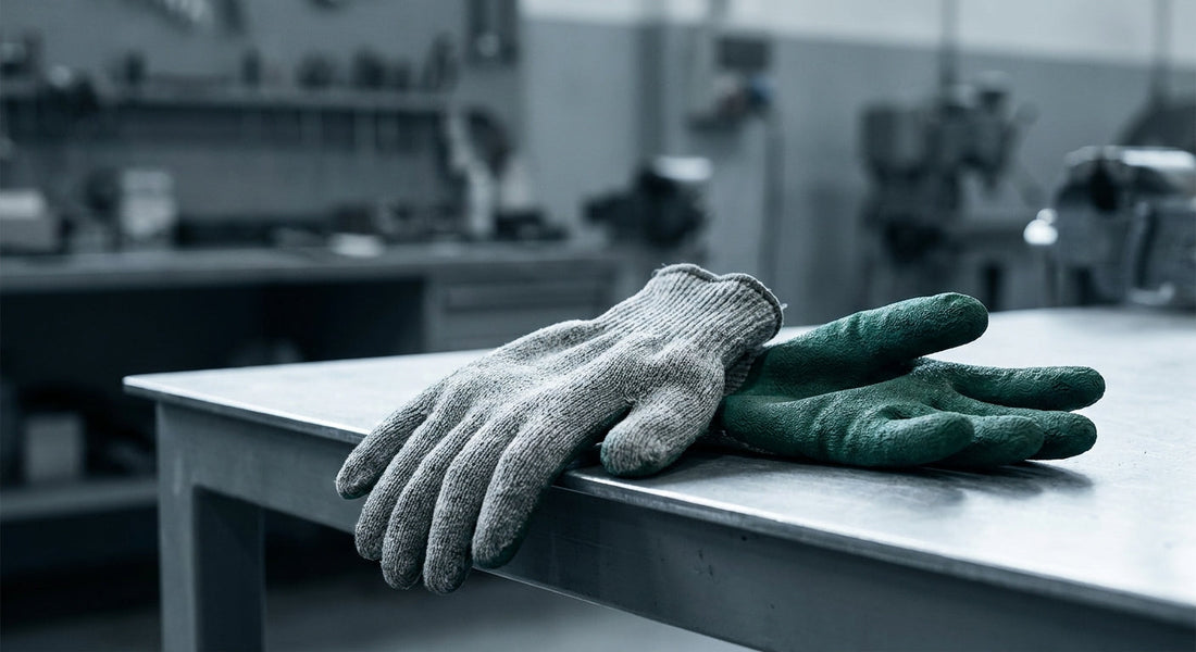 A pair of industrial work gloves laid on a workshop bench, representing protection against chemical, cut, and heat hazards in professional environments.