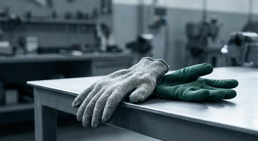 A pair of industrial work gloves laid on a workshop bench, representing protection against chemical, cut, and heat hazards in professional environments.