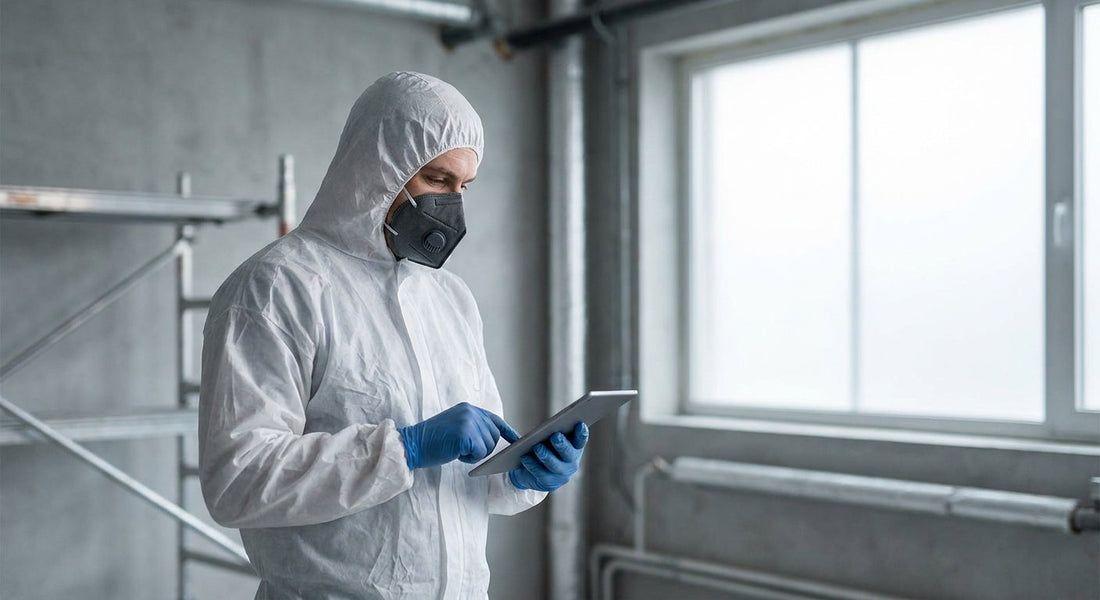 A worker in a white full-body protective suit, respirator mask, and gloves standing in an industrial renovation environment.