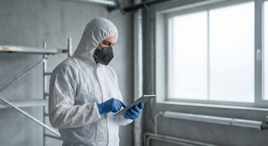 A worker in a white full-body protective suit, respirator mask, and gloves standing in an industrial renovation environment.