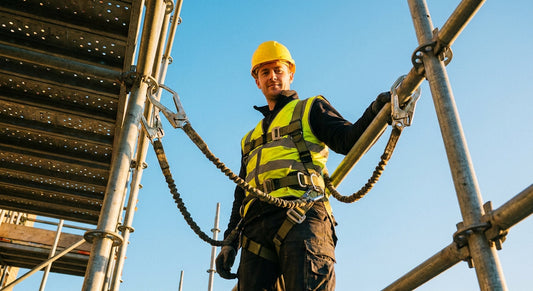 A construction worker wearing a fall arrest harness and high-visibility vest stands safely secured on scaffolding against a blue sky.