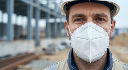 A construction worker wearing a white FFP respirator mask with a hazy, dust-filled construction site visible in the background.