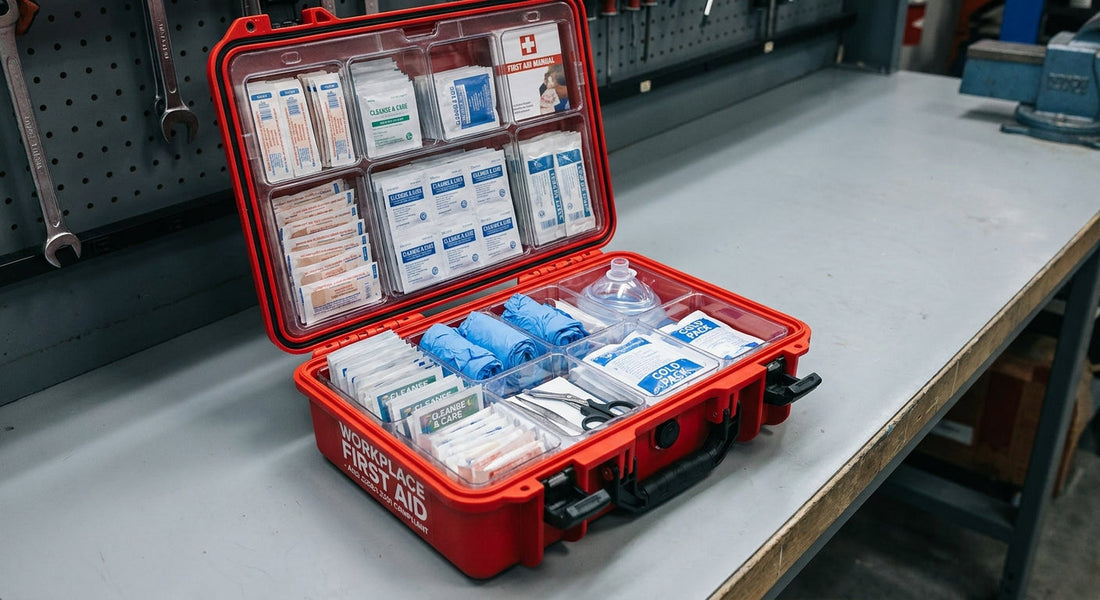 An open and fully stocked workplace first aid kit displayed neatly on an industrial workbench, showcasing organized medical supplies in a professional setting.