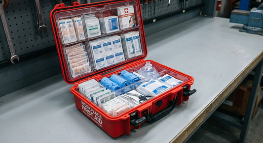 An open and fully stocked workplace first aid kit displayed neatly on an industrial workbench, showcasing organized medical supplies in a professional setting.
