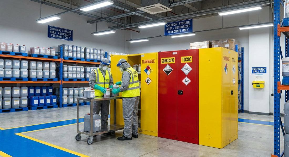 A PPE-equipped warehouse worker safely handling labeled chemical containers in a well-organized industrial storage area.