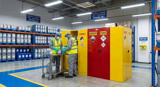 A PPE-equipped warehouse worker safely handling labeled chemical containers in a well-organized industrial storage area.