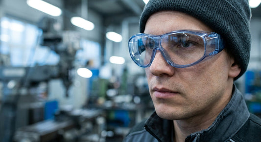 A professional worker wearing clear protective safety goggles in a modern industrial workshop environment.