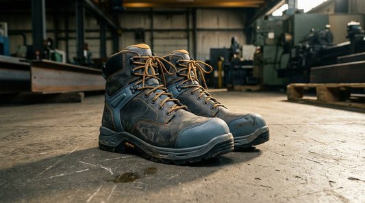 A pair of sturdy safety boots with reinforced toe caps placed on a concrete industrial floor under dramatic side lighting.