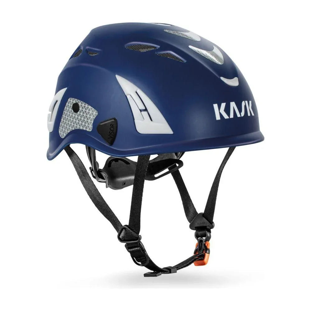 Sikkerhedshjelm i mørkeblå med Kask logo og ventilationshuller til professionel beskyttelse.