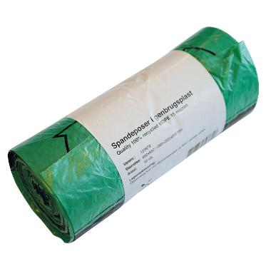 Spandepose 50ltr B600xL850mm 15my MDPE med Fals Grøn 100% genbrug - 12 ruller