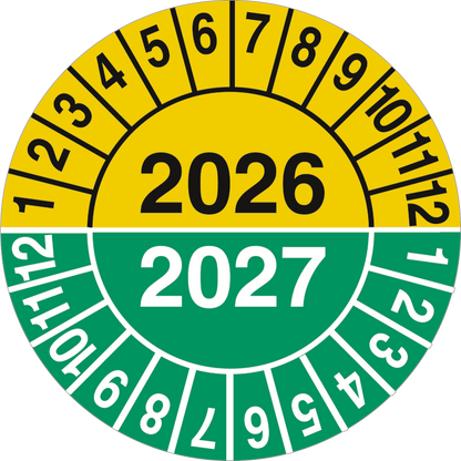Kalibreringsmærker 2026 & 2027 – Selvklæbende Vinyl – Ark á 10 stk.