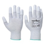 Et par grå, strikkede arbejdshandsker fra mærket Portwest (model A198) vist fra både håndflade- og bagsiden. Handskerne har forstærkede fingerspidser og tekniske specifikationer samt certificeringer trykt på håndryggen.