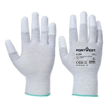 Et par grå, strikkede arbejdshandsker fra mærket Portwest (model A198) vist fra både håndflade- og bagsiden. Handskerne har forstærkede fingerspidser og tekniske specifikationer samt certificeringer trykt på håndryggen.