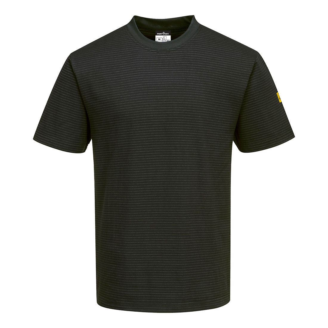 Sort T-shirt med striber i funktionsmateriale, "Portwest" logo i nakken