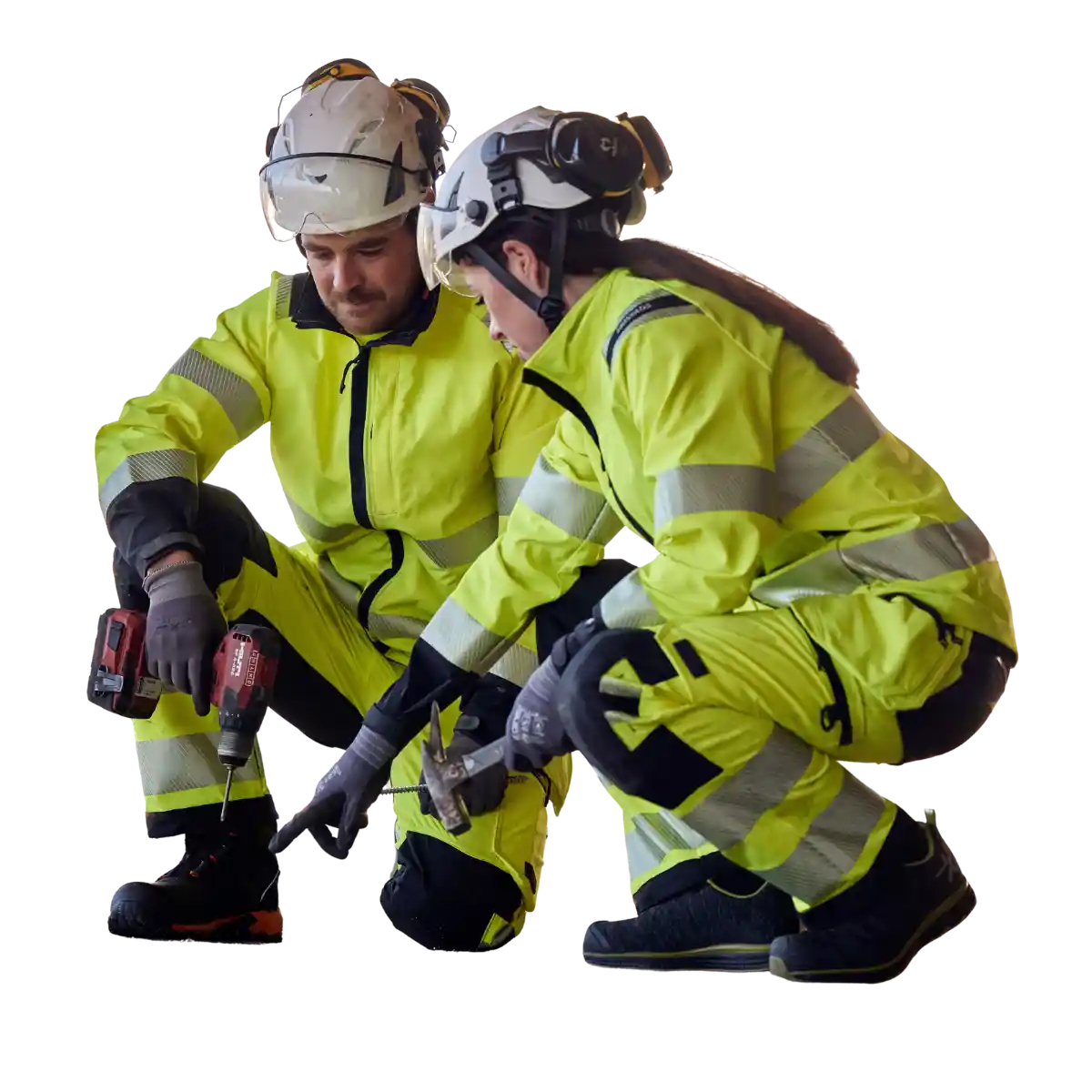 mand-dame-sikkerhedstøj-boremaksine-hjelme