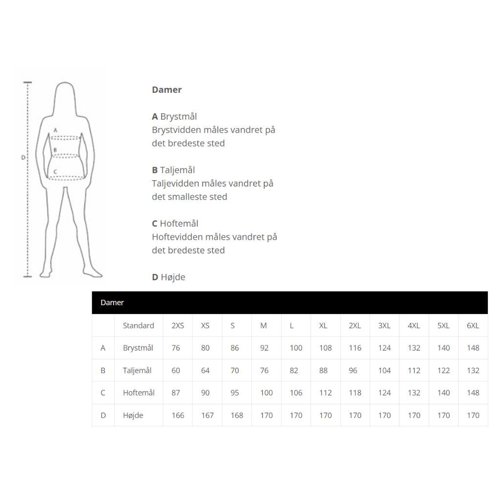 Størrelsesguide til damer med illustration af målepunkter (bryst, talje, hofte og højde) samt en tabel med mål for størrelserne 2XS til 6XL.