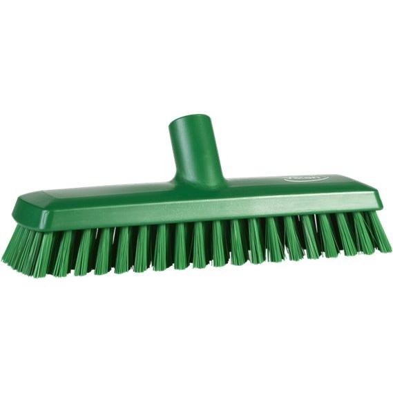 Gulvskrubbe med vandgennemløb, Vikan, grøn, PP/polyester/rustfrit stål, 27 cm, medium børstehår - Sikkerhedsgiganten