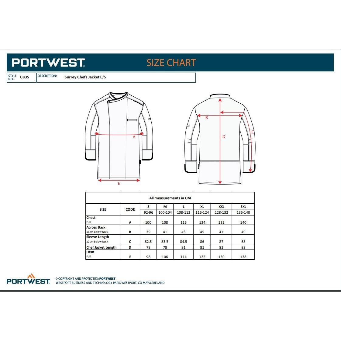 Portwest Surrey kokkejakke L/S C835 - Sikkerhedsgiganten